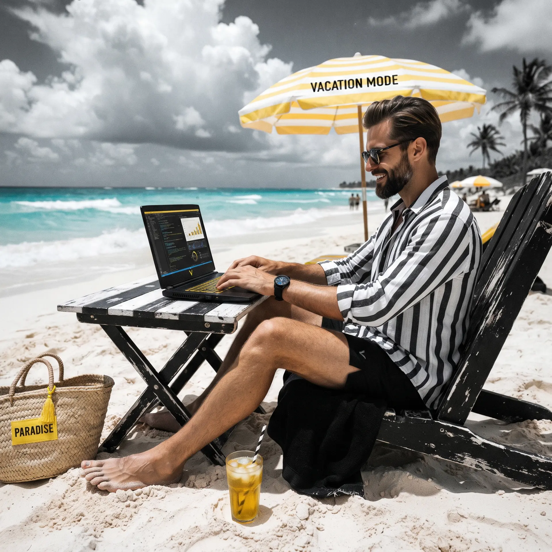 Founder relaxing on a beach in vacation mode while the AI DM Sales Agent keeps selling